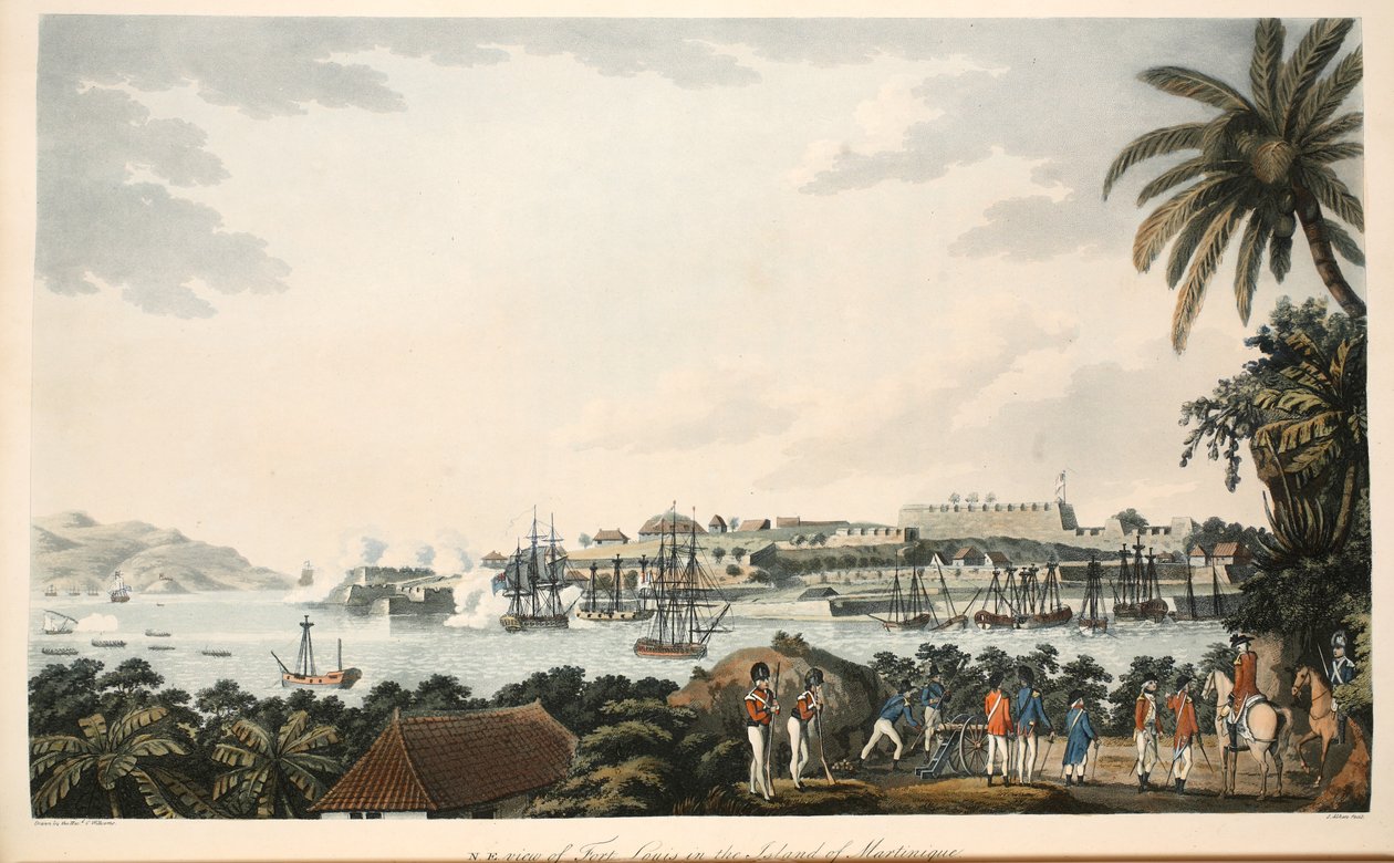 N.O. uitzicht op Fort Louis op het eiland Martinique, illustratie uit 