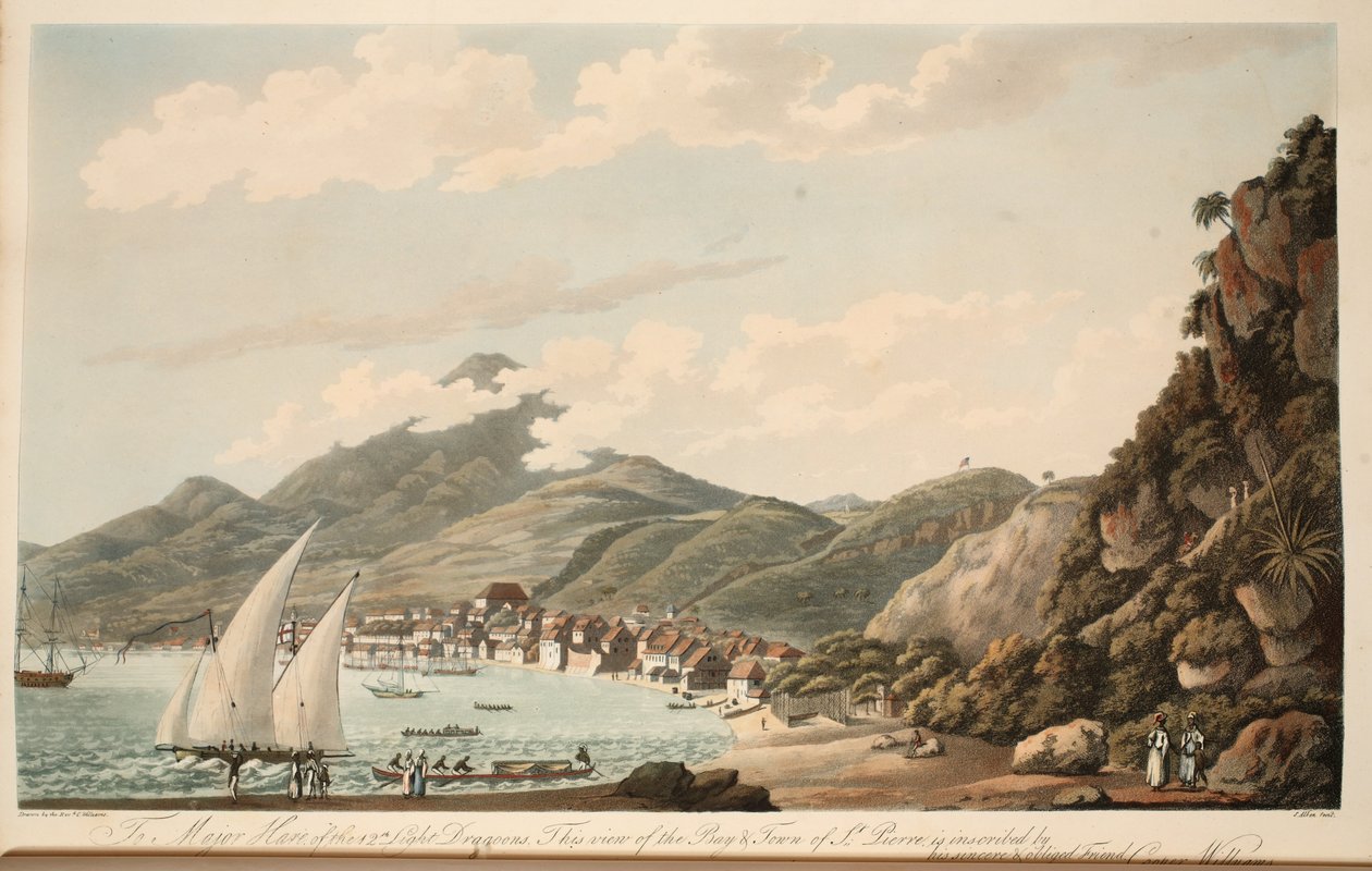 Uitzicht op de baai en stad St. Pierre, Martinique, illustratie uit 