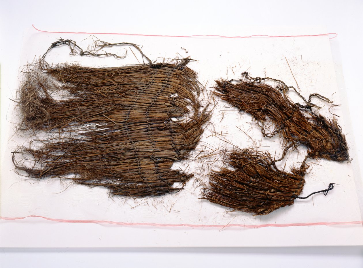 Fragmenten van een losse mouwloze mantel gevonden bij de Oetzi-ijsman (geweven gras) door Copper Age
