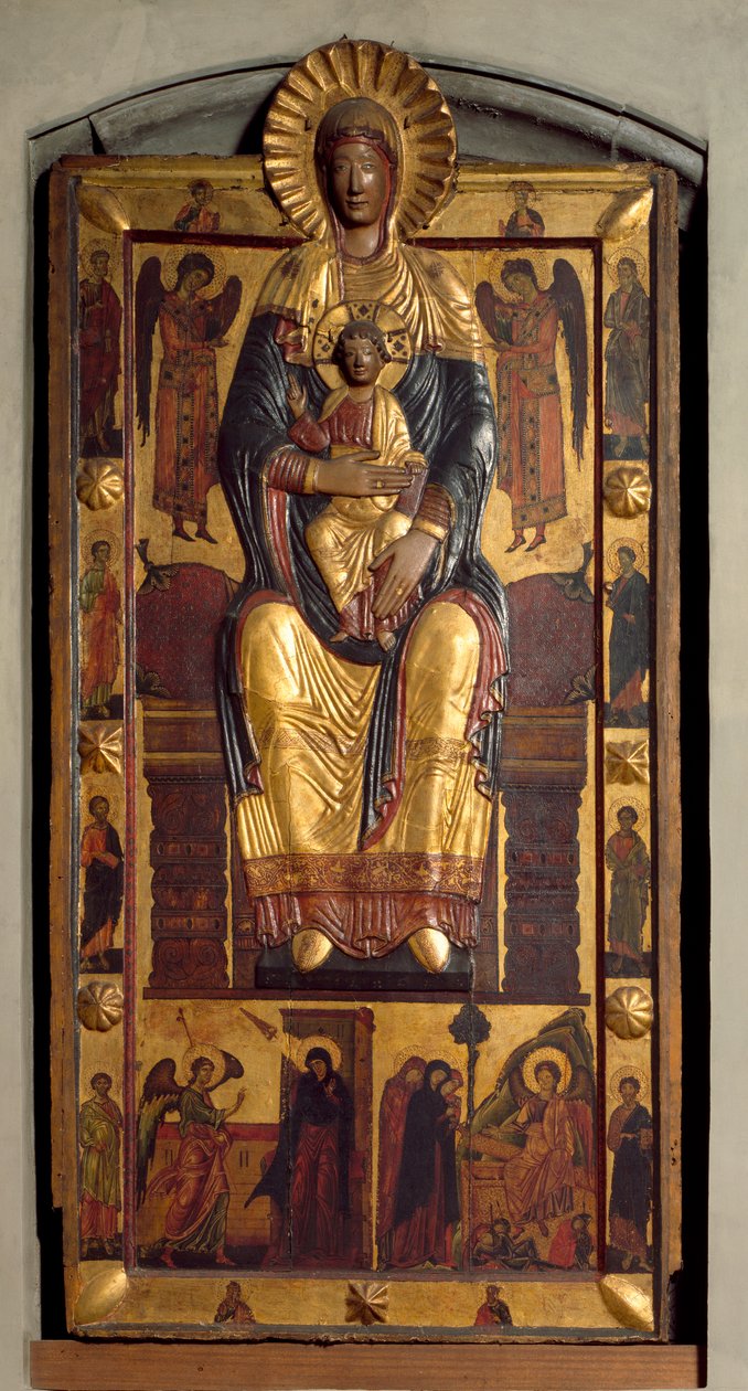 Maagd op de troon met het kind, twee engelen, de apostelen. De Aankondiging en de heilige vrouwen bij het graf. Laag reliëf polychroom hout door Coppo di Marcovaldo (attr.to)