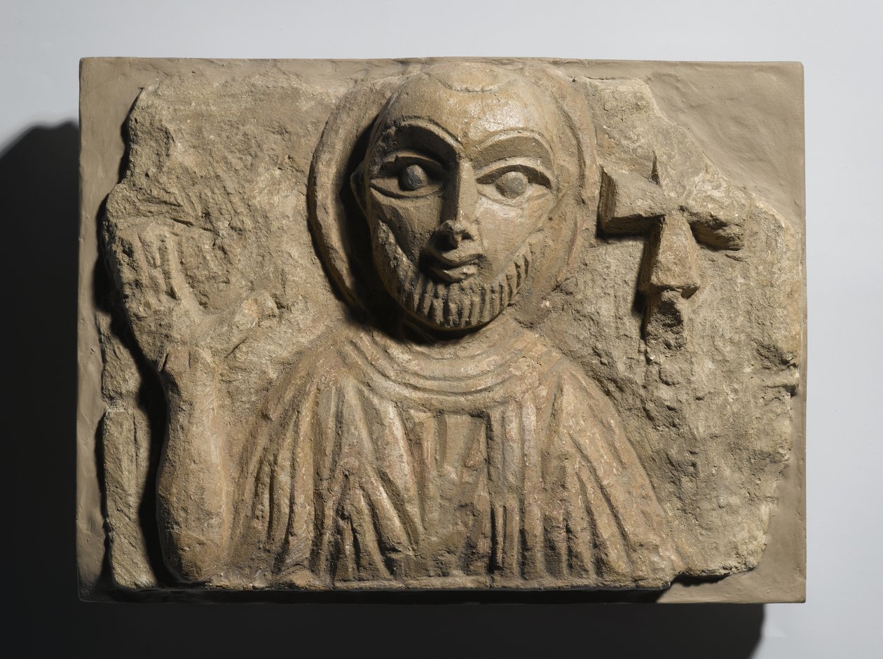 Buste van een Heilige, uit Egypte, 4e-5e eeuw (beschilderde kalksteen) door Coptic Coptic