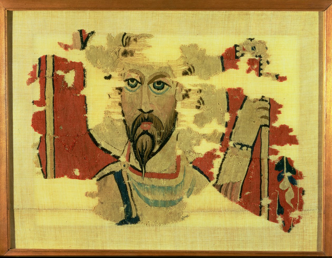 Geweven wandkleed met afbeelding van het hoofd van St. Theodore, uit Akhmim, Egypte, c.500-600 door Coptic Coptic