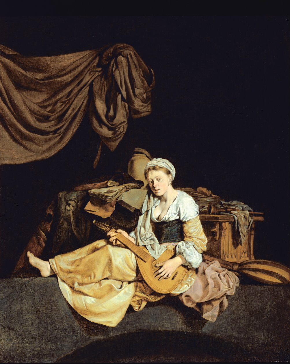 Jonge vrouw die mandoline speelt door Cornelis Pietersz Bega