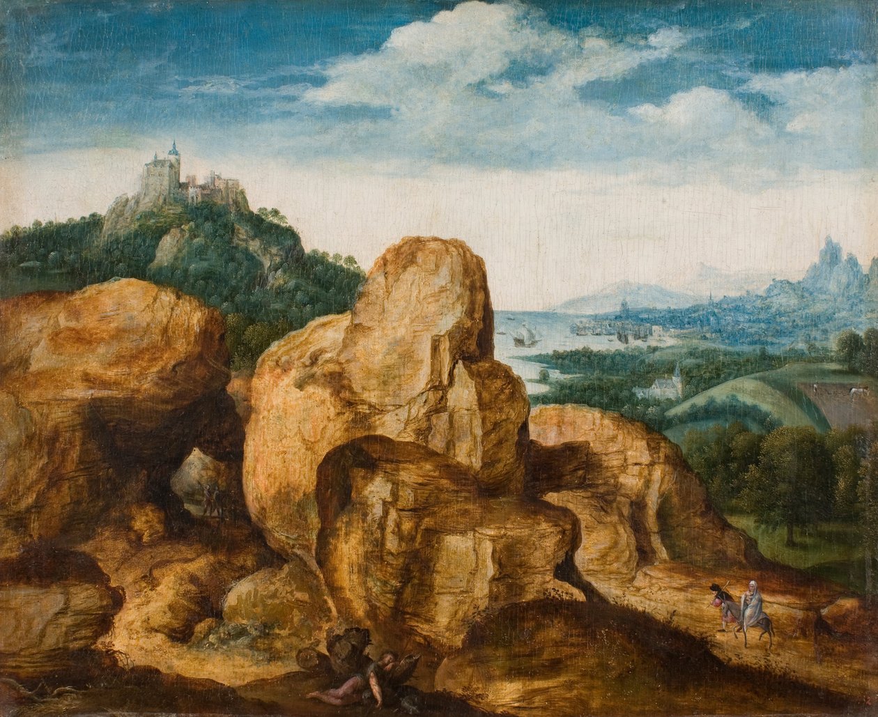 Landschap met de vlucht naar Egypte door Cornelis Metsys