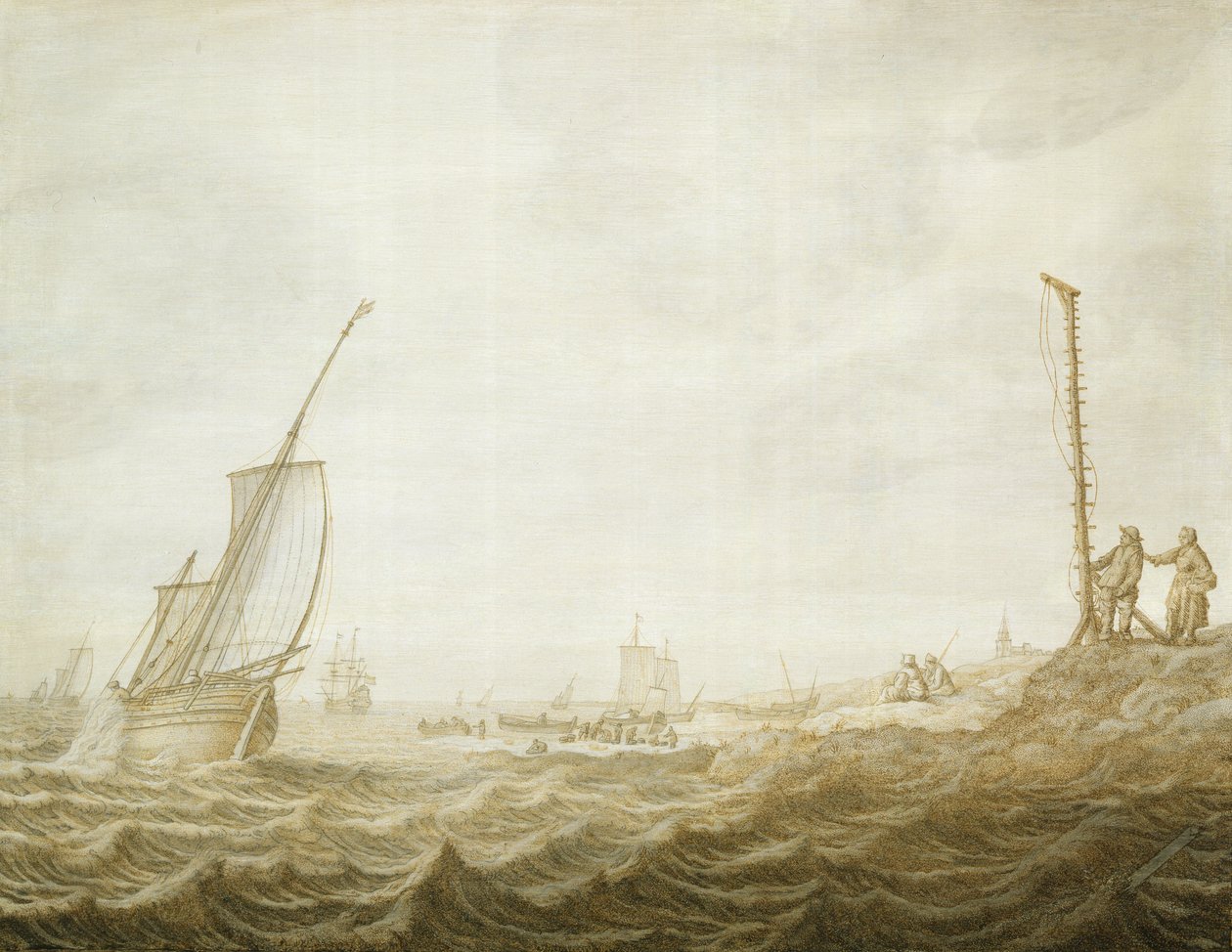 Een grisaille van een kustscène met figuren door Cornelis Pietersz. de Mooy