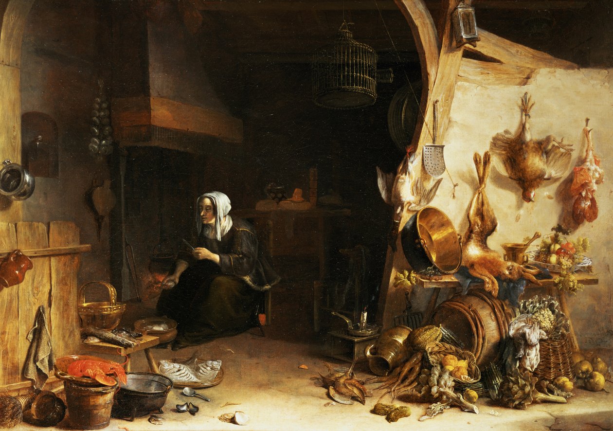 Een keukeninterieur met een dienstmeisje omringd door gereedschap, groenten en een kreeft op een bord door Cornelis van Lelienbergh