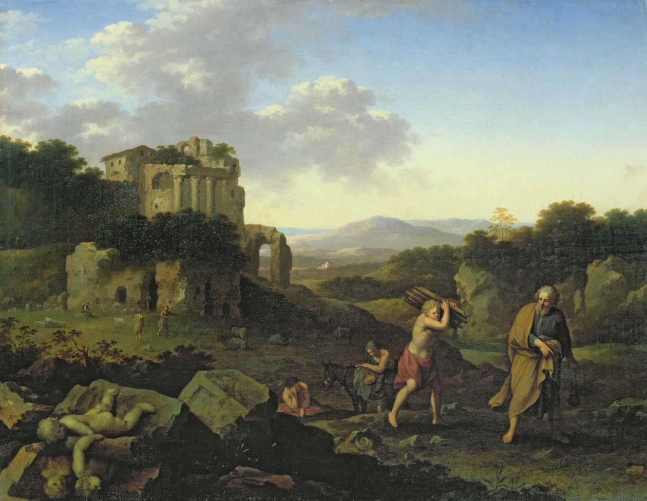 Landschap met Abraham en Isaac door Cornelis van Poelenburgh or Poelenburch