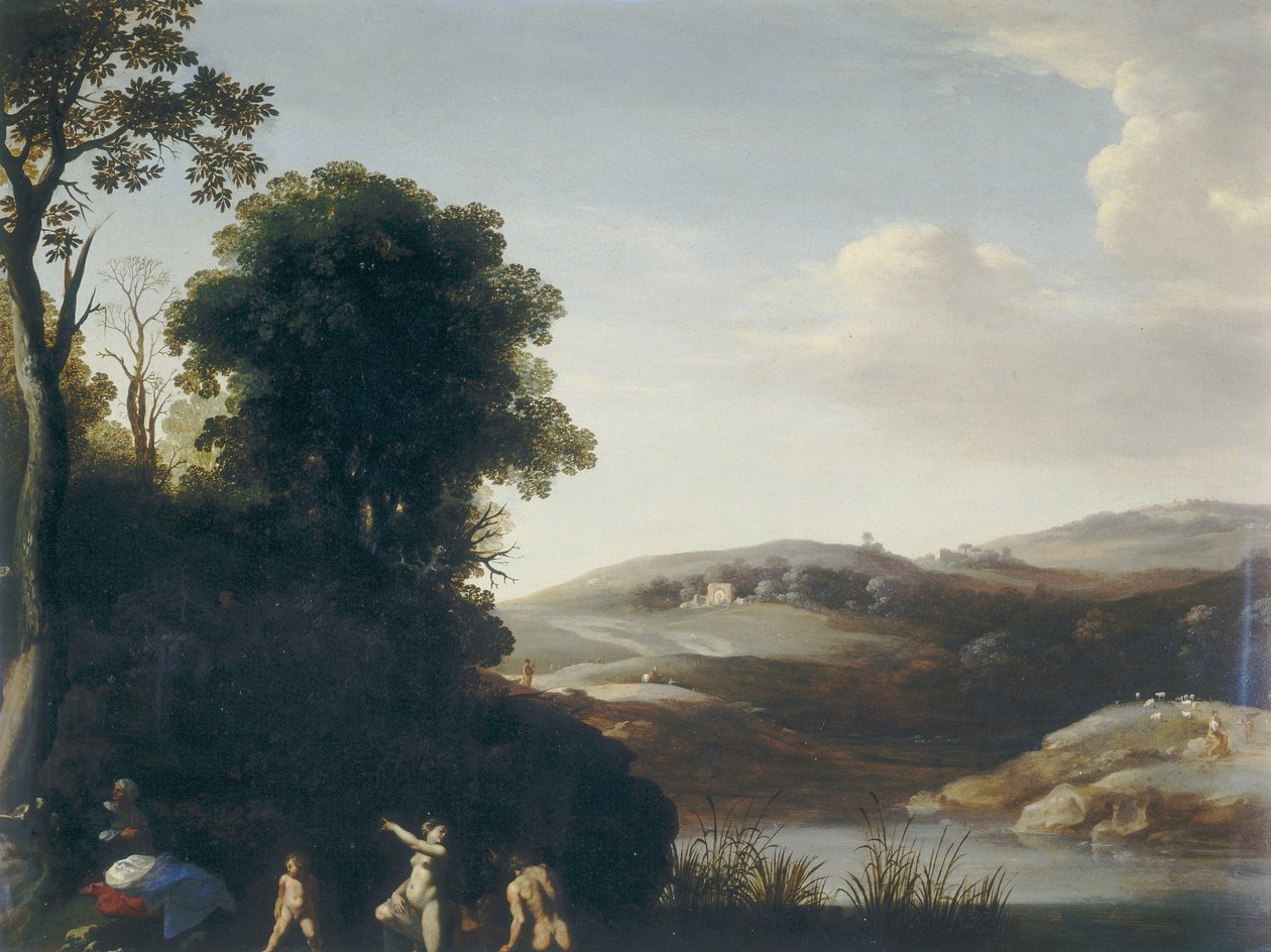 Landschap met baders door Cornelis van Poelenburgh or Poelenburch