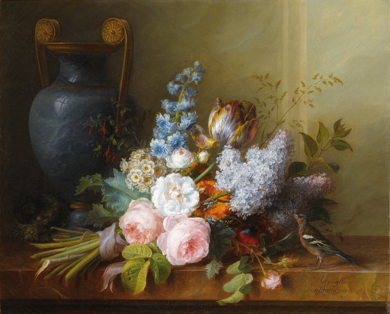 Bloemenboeket met een vogelnest door Cornelis van Spaendonck