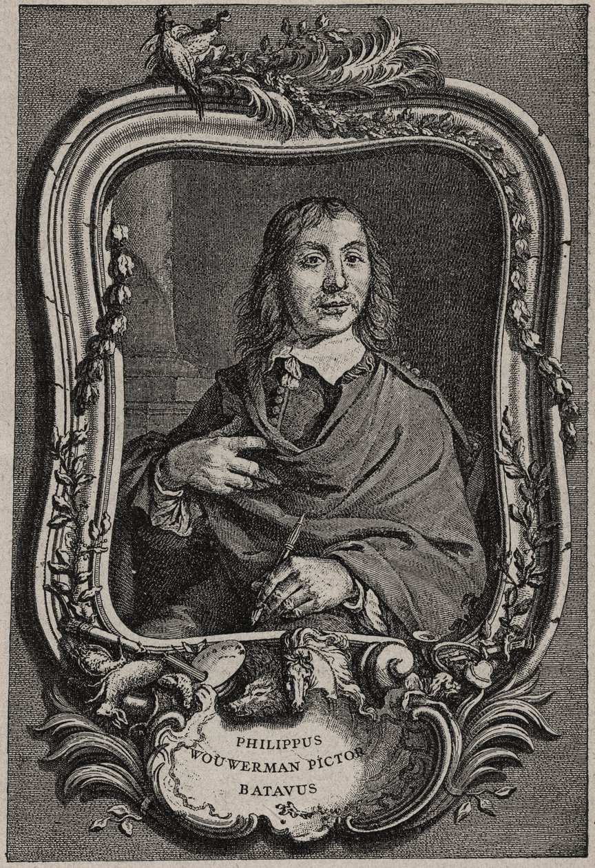Portret van Philips Wouwerman of Philippus Wouwermans 1619-1668 Nederlandse schilder - gravure door Nicolas-Gabriel Dupuis naar Cornelis Visscher door Cornelis (after) Visscher