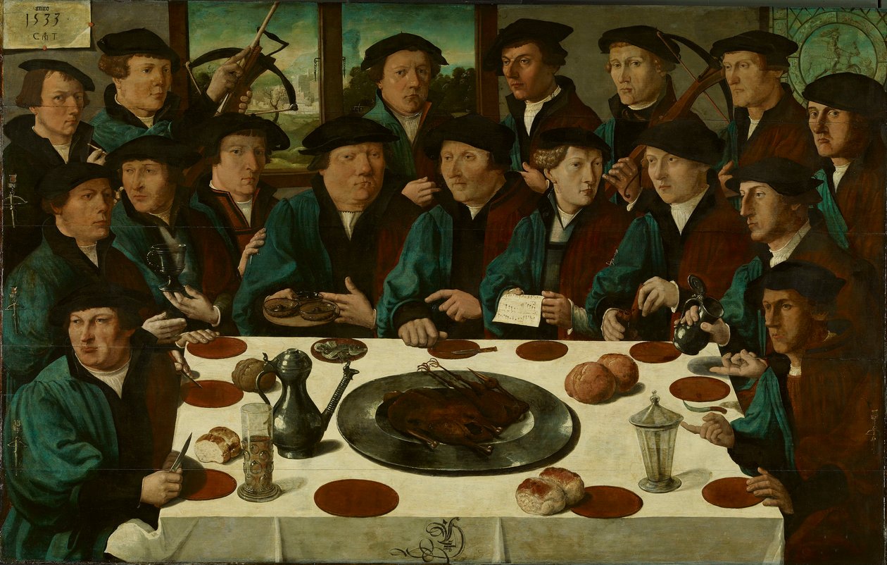 Nederlands:  De Braspenningsmaaltijd Banket van leden van de Amsterdamse kruisboogburgerwacht.

 Alternatieve titel(s):  
Nederlands:  De Braspenningsmaaltijd Banket van Ploeg D van de Kruisboogburgerwacht, "Het Braspenningbanket". door Cornelis Anthonisz.