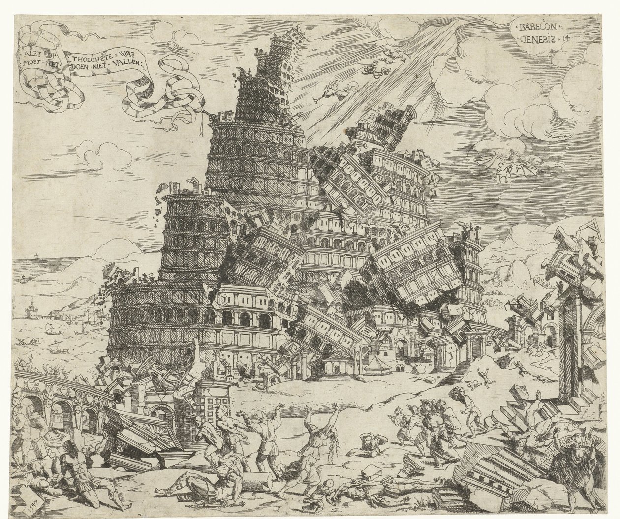Val van de toren van Babel door Cornelis Anthonisz.
