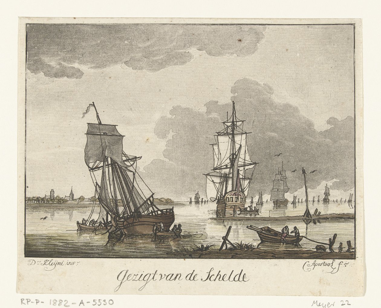 Gezicht op de Schelde met zeilschepen door Cornelis Apostool