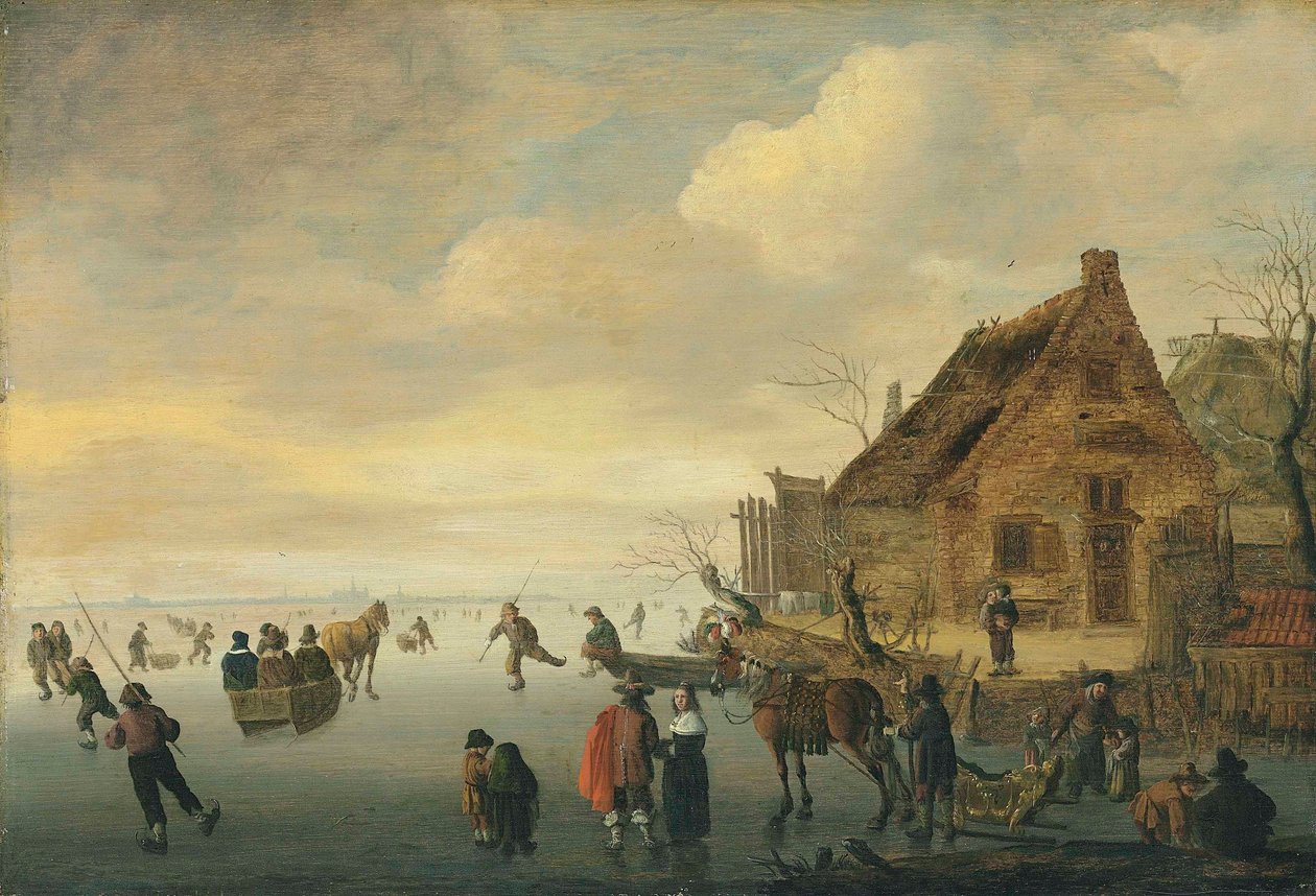 Een winterlandschap met door paarden getrokken sleeën en figuren die schaatsen op een bevroren meer bij een landelijk dorpje door Cornelis Beelt