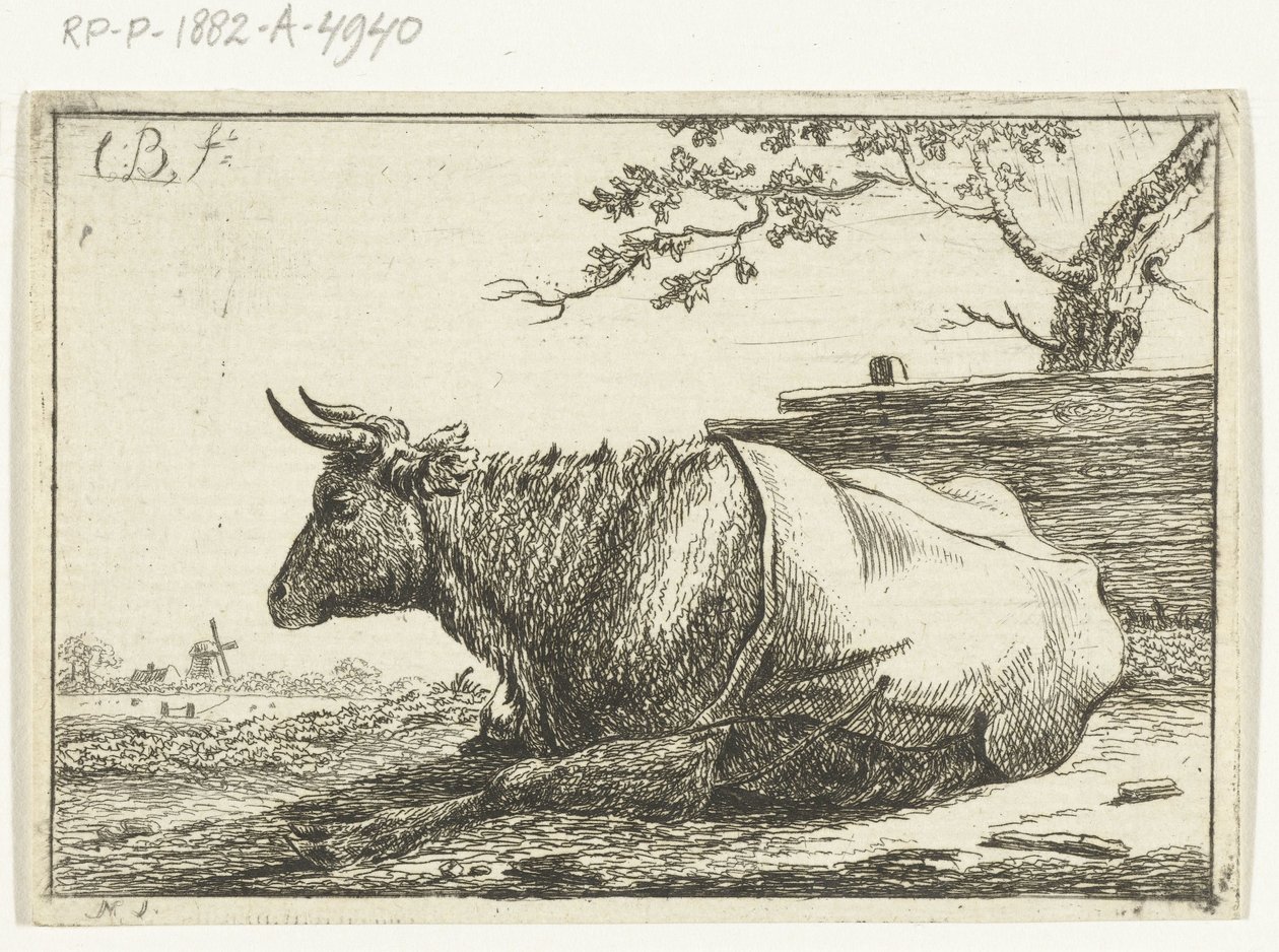 Landschap met liggende koe met dek op de rug door Cornelis  Bisschop
