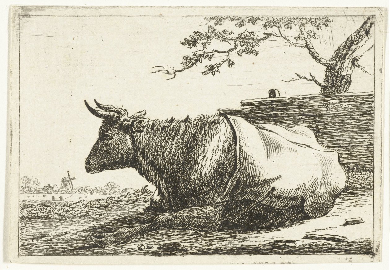 Landschap met liggende koe met dek op de rug door Cornelis  Bisschop