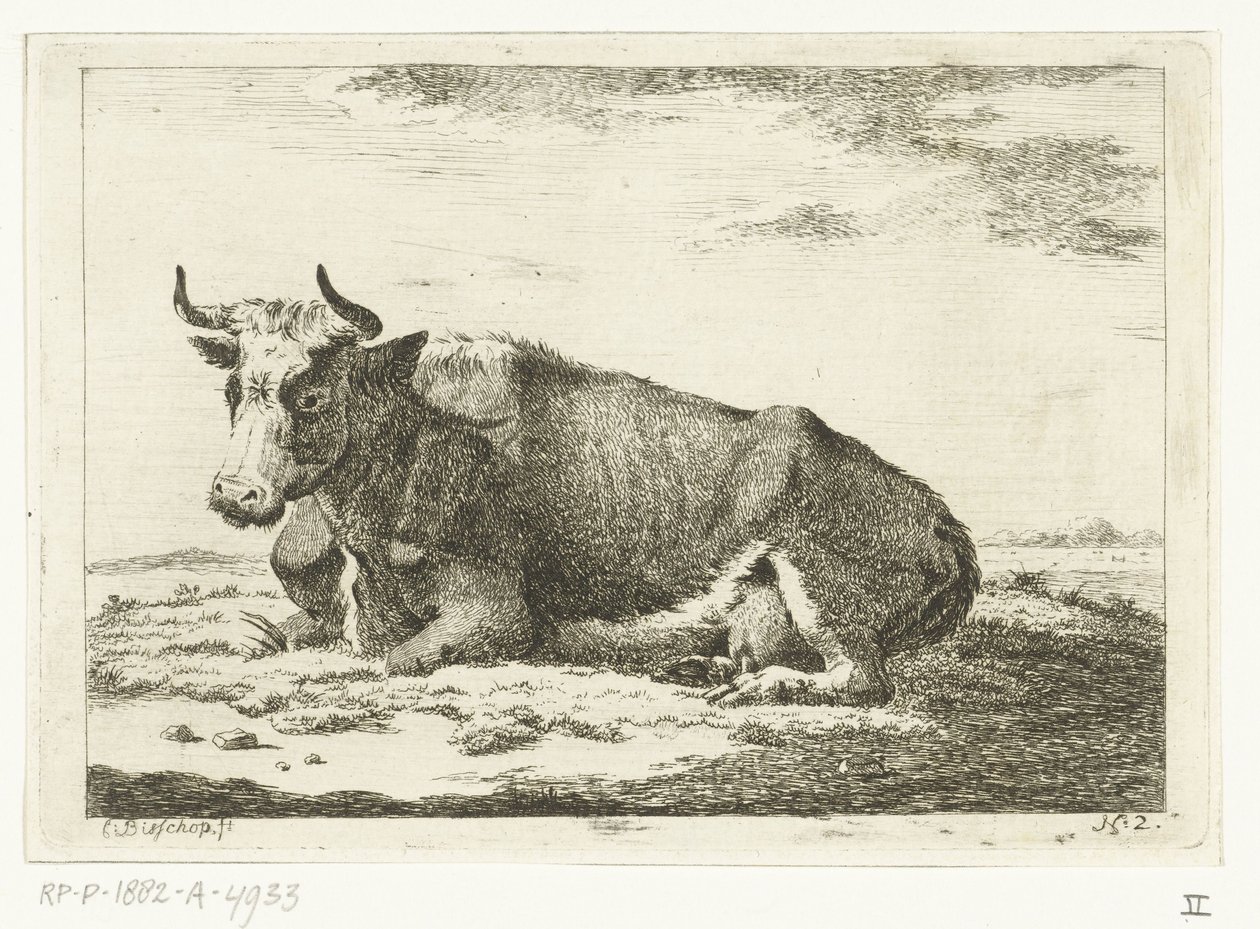 Landschap met liggende koe met horens door Cornelis  Bisschop