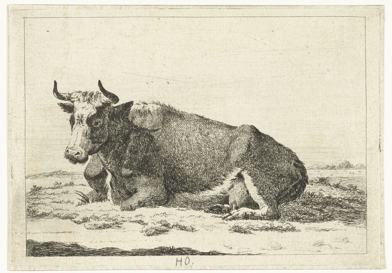 Landschap met liggende koe met horens (serie titel: Koeien) door Cornelis  Bisschop