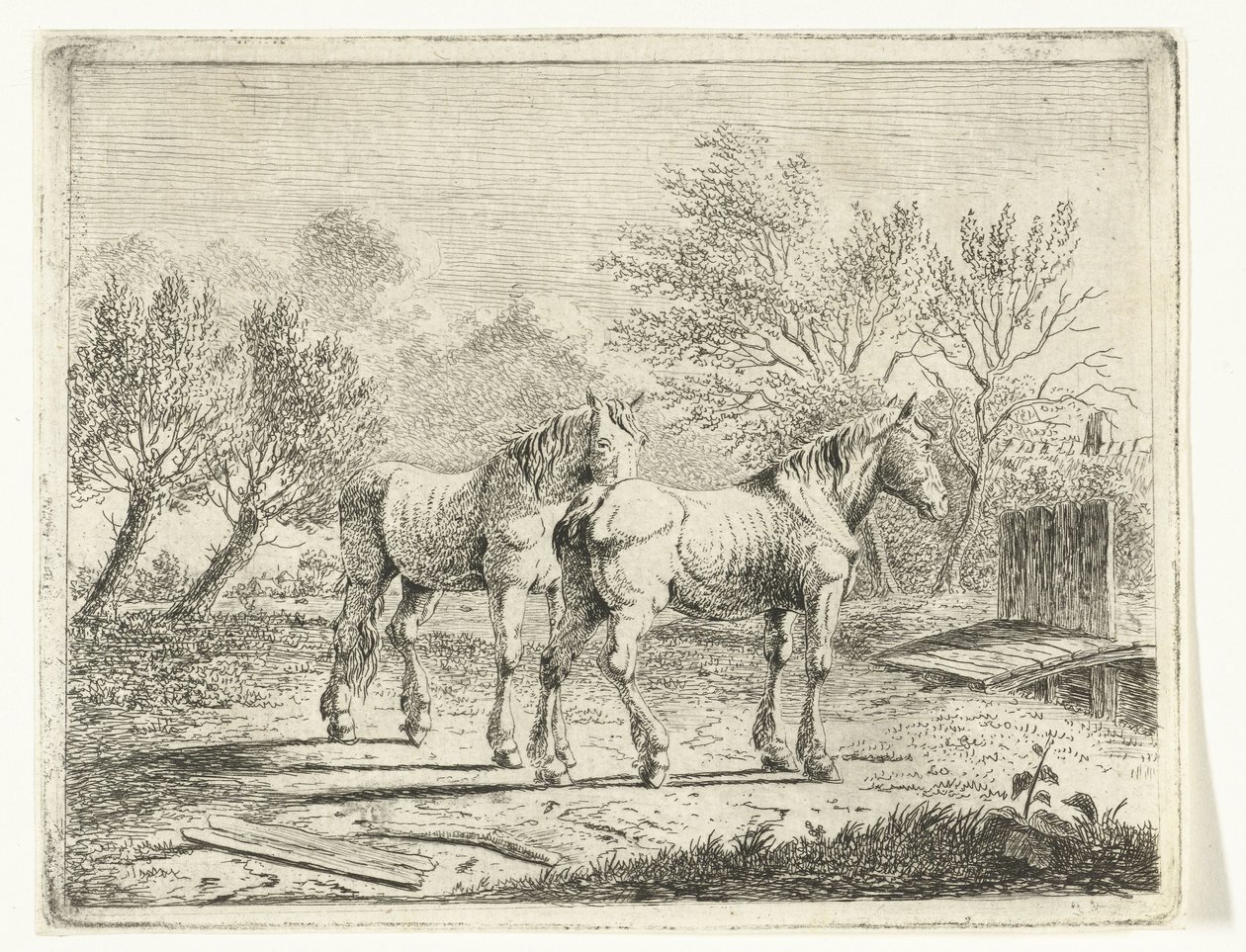 Weidelandschap met twee paarden bij bruggetje en boerderij door Cornelis  Bisschop
