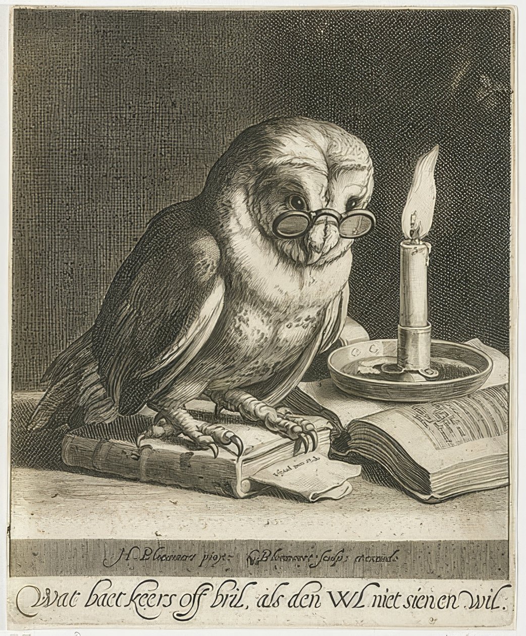 Uil met bril en boeken door Cornelis Bloemaert