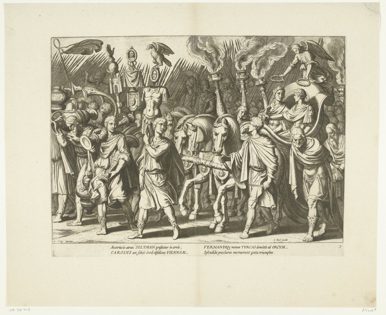 Triomfwagen van Karel V en Ferdinand, na de bevrijding van Wenen van de Turken, ca. 1532, nr. 7 door Cornelis Boel