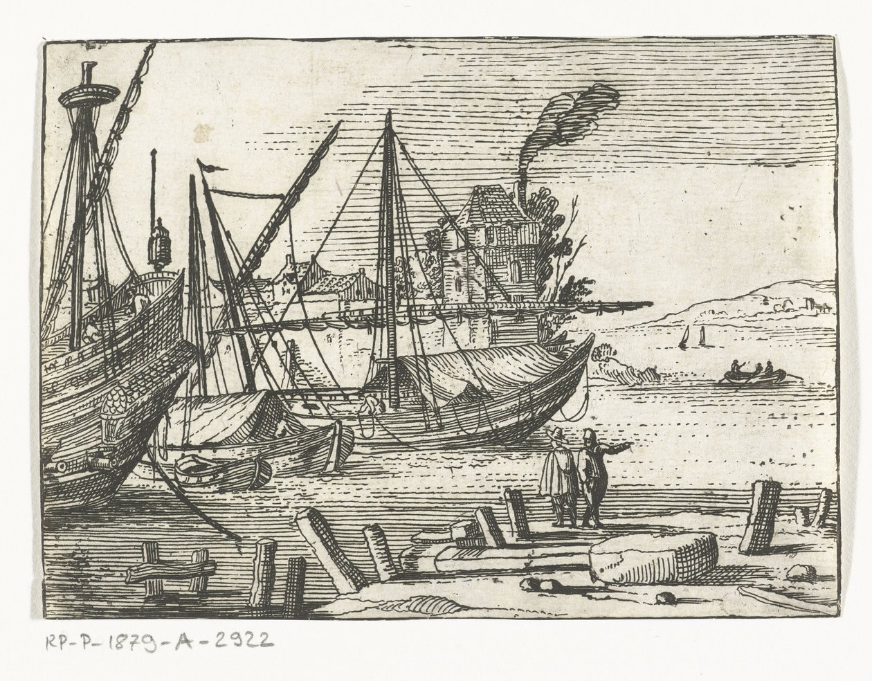 Havengezicht met twee zeilschepen en een galjoen, twee mannen staan op de kade door Cornelis Bol (attributed to)