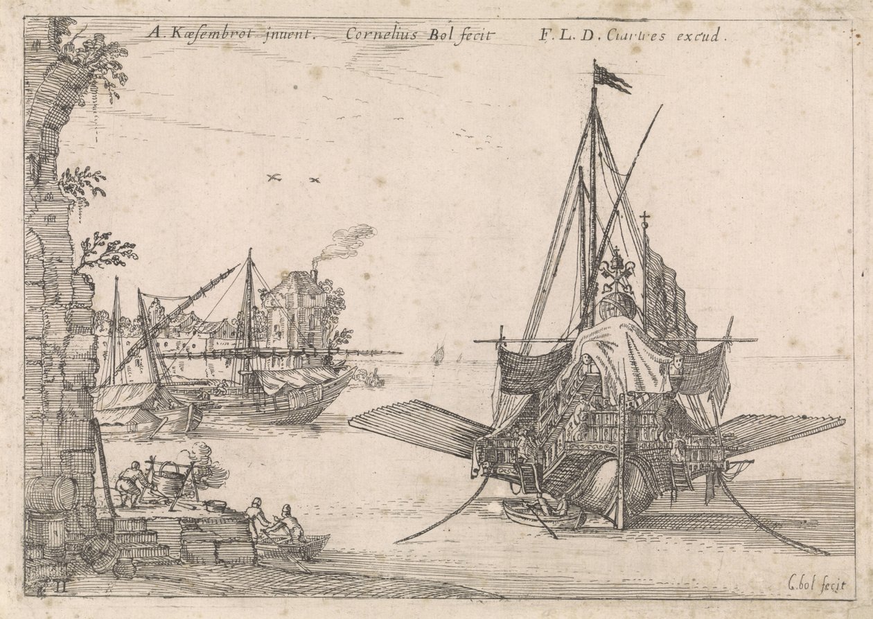 Galei ligt voor anker in een baai door Cornelis Bol