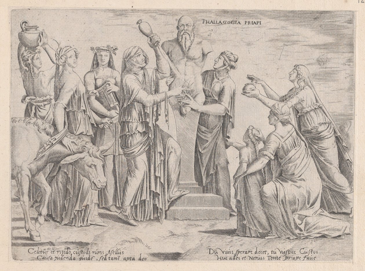 Speculum Romanae Magnificentiae: Acht vrouwen offeren aan Priapus, 16e eeuw door Cornelis Bos.