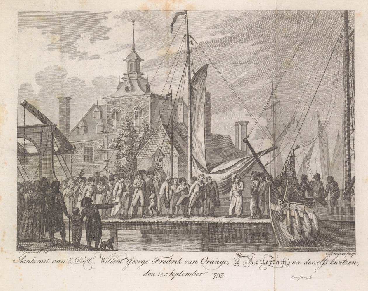 Aankomst de gewonde prins Willem George Frederik te Rotterdam, 1793 door Cornelis Brouwer