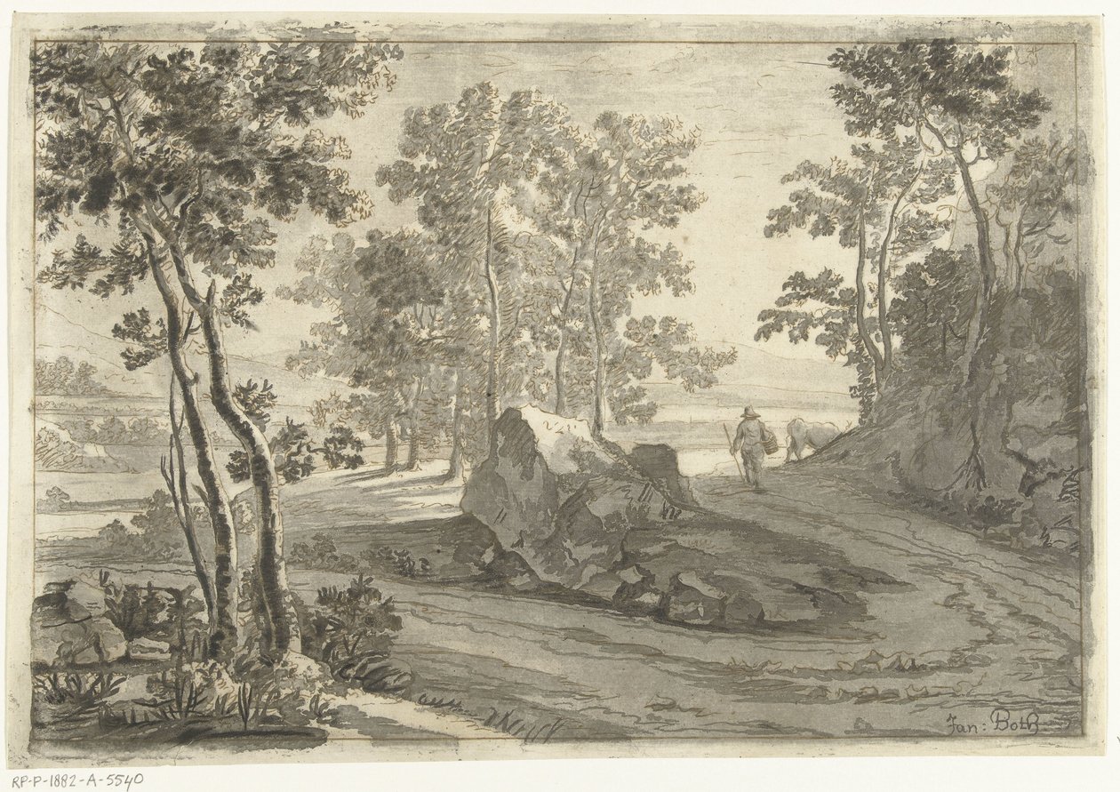 Boomrijk landschap met veedrijver door Cornelis Brouwer