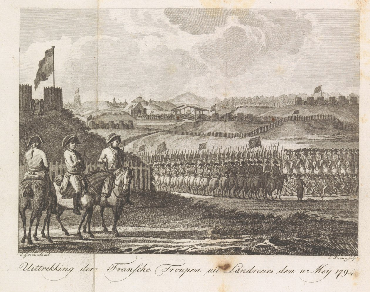 Franse troepen verlaten Landrecy, 1794 door Cornelis Brouwer