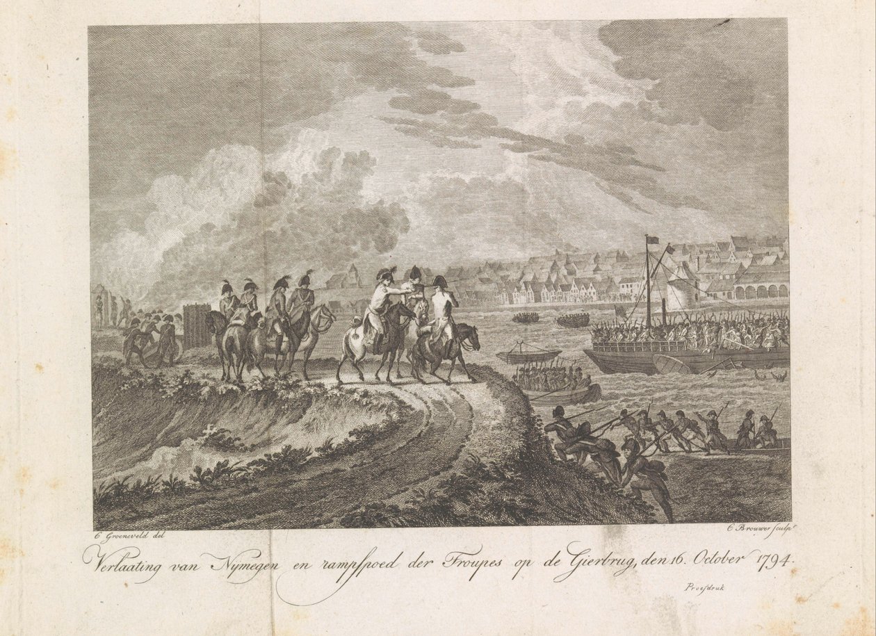 Fransen beschieten de vluchtende troepen op de Gierbrug, 1794 Verlaating van Nymegen en rampspoed der Troupes op de Gierbrug, den 16 October 1794 door Cornelis Brouwer