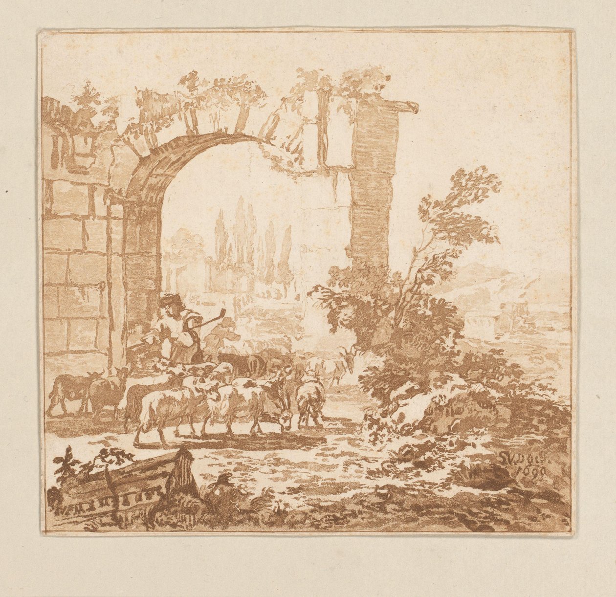 Kudde geiten bij een poort door Cornelis Brouwer