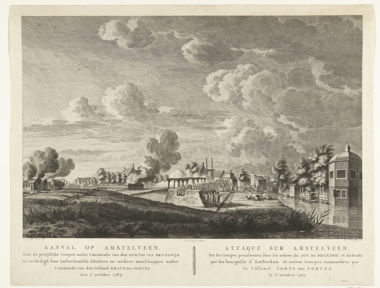 Pruisische troepen vallen Amstelveen aan dat wordt verdedigd door Amsterdamse schutters op 1 oktober 1787 door Cornelis Brouwer