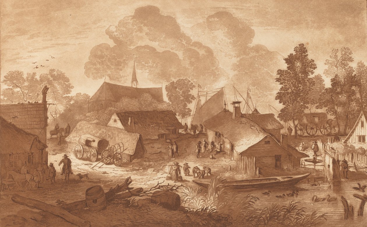 Dorp met vijver door Cornelis Brouwer