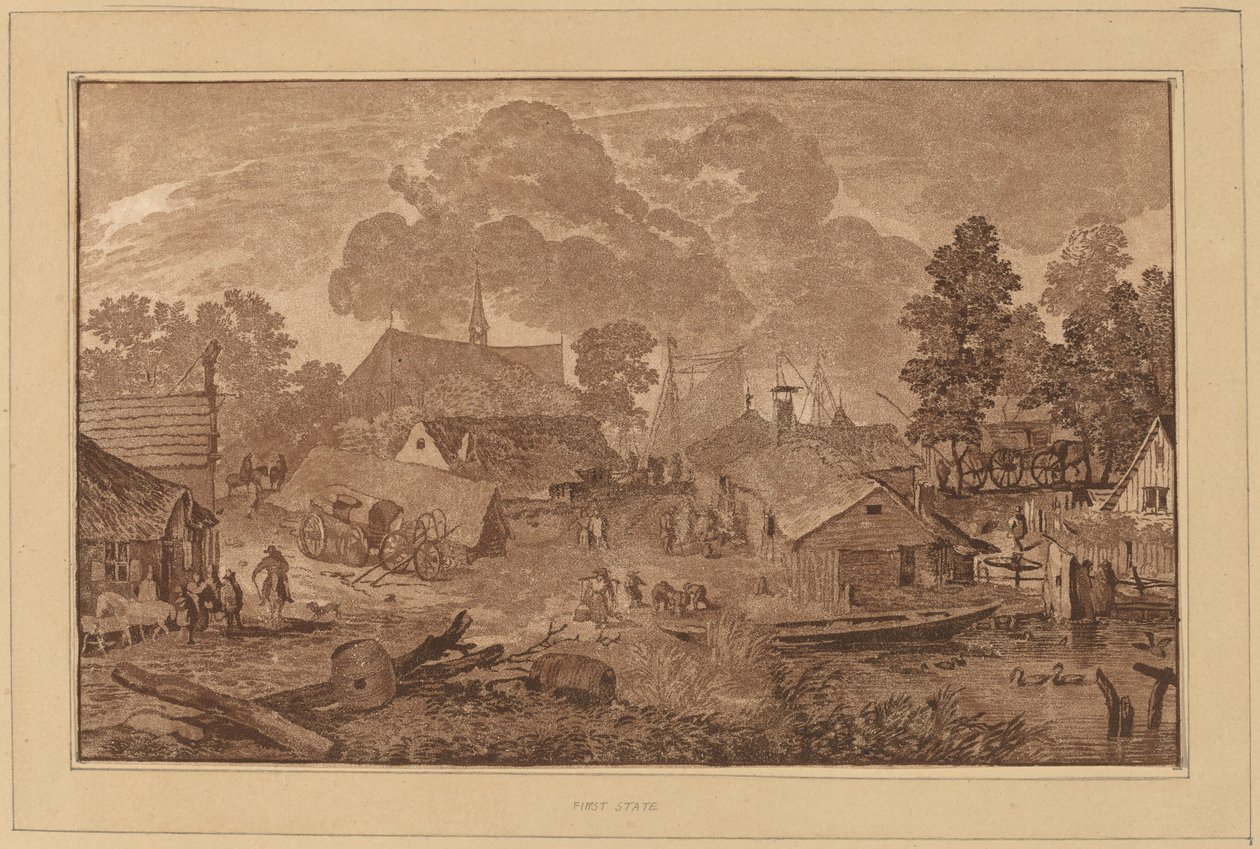 Dorp met vijver door Cornelis Brouwer