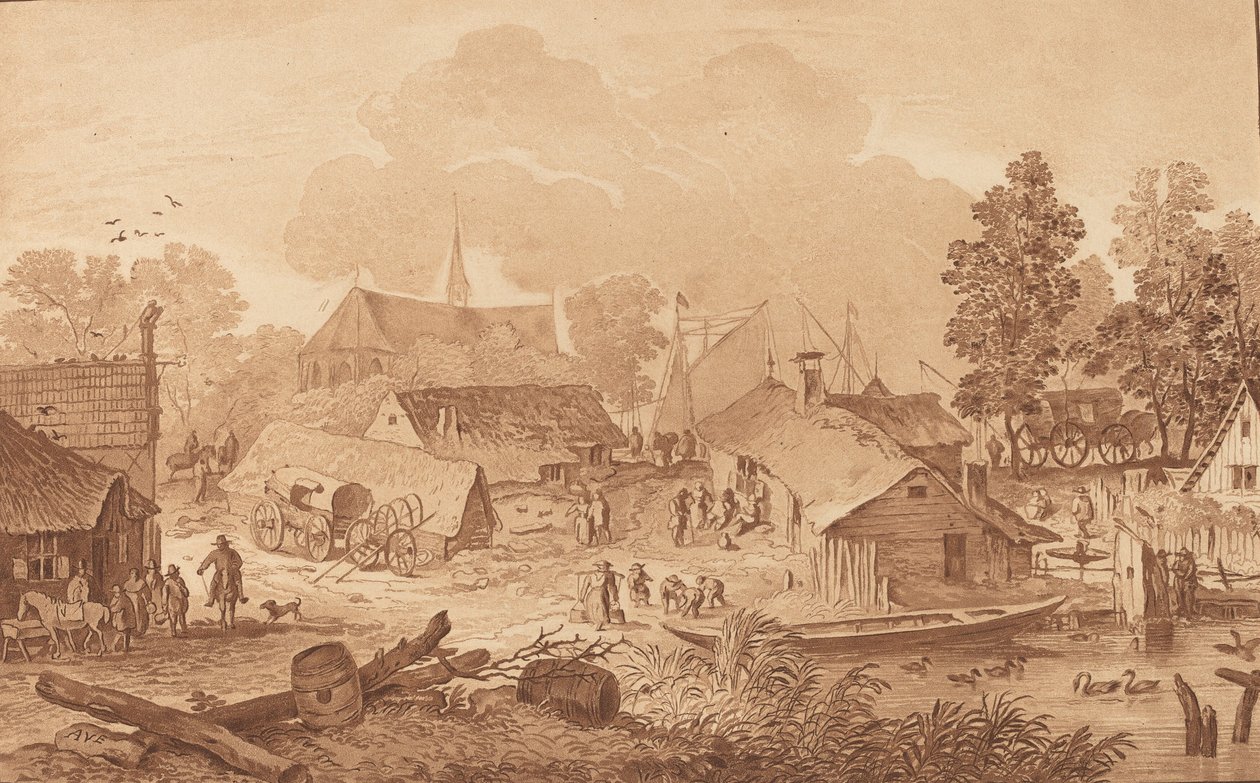 Dorp met vijver door Cornelis Brouwer