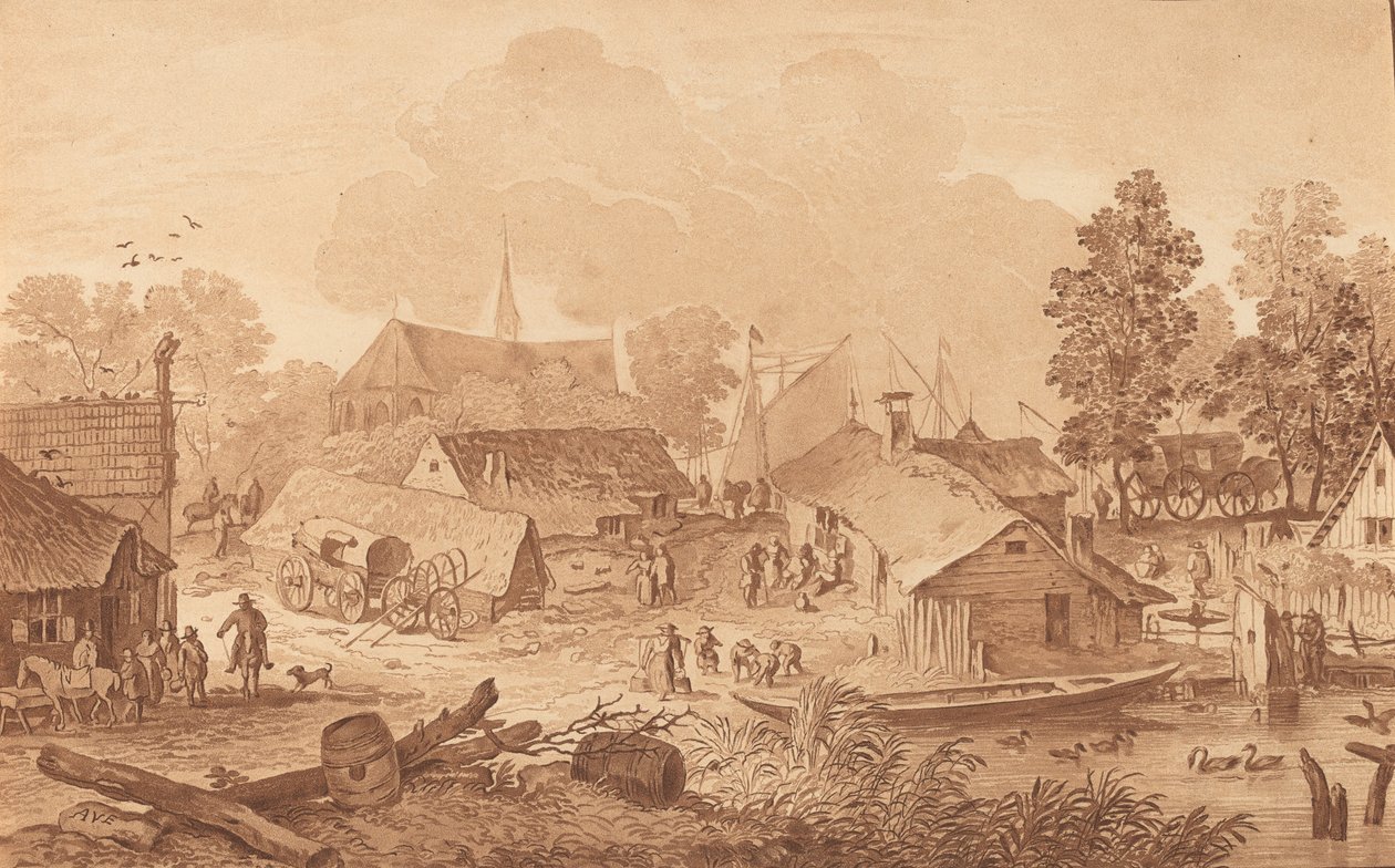 Dorp met vijver, ca. 1782 door Cornelis Brouwer