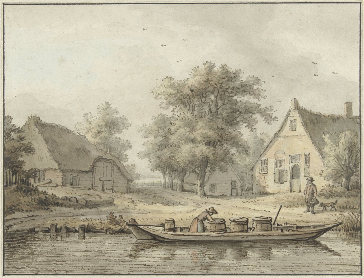 Landschap met afgemeerde schuit met vaten door Cornelis Buys