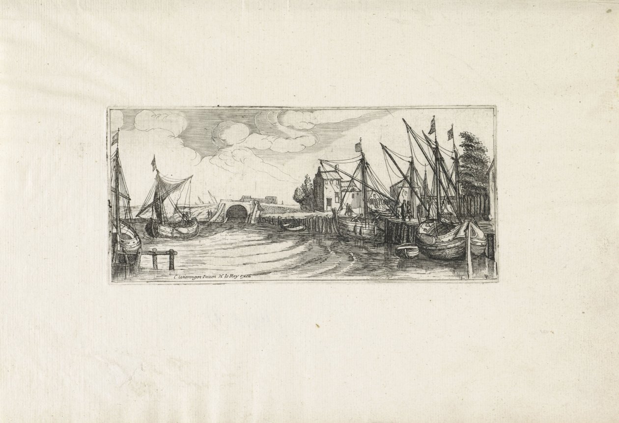 Gezicht op een haven met een sluis door Cornelis Claesz van Wieringen (possibly)