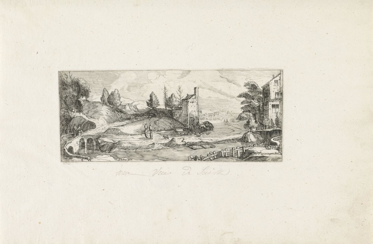 Rivierlandschap met twee vrouwen op een brug door Cornelis Claesz van Wieringen (possibly)