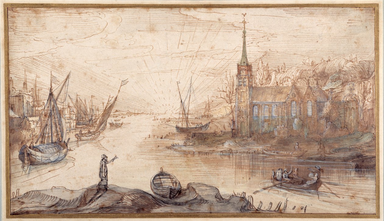 Een havenscène met schepen en een kerk bij zonsondergang door Cornelis Claesz  van Wieringen