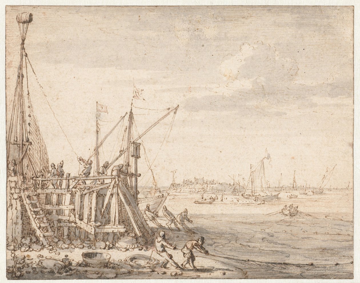 Havenhoofd met vissers die hun netten binnenhalen door Cornelis Claesz  van Wieringen