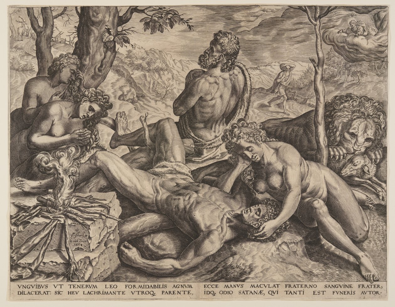 Adam en Eva treuren over de dood van Abel door Cornelis Cort