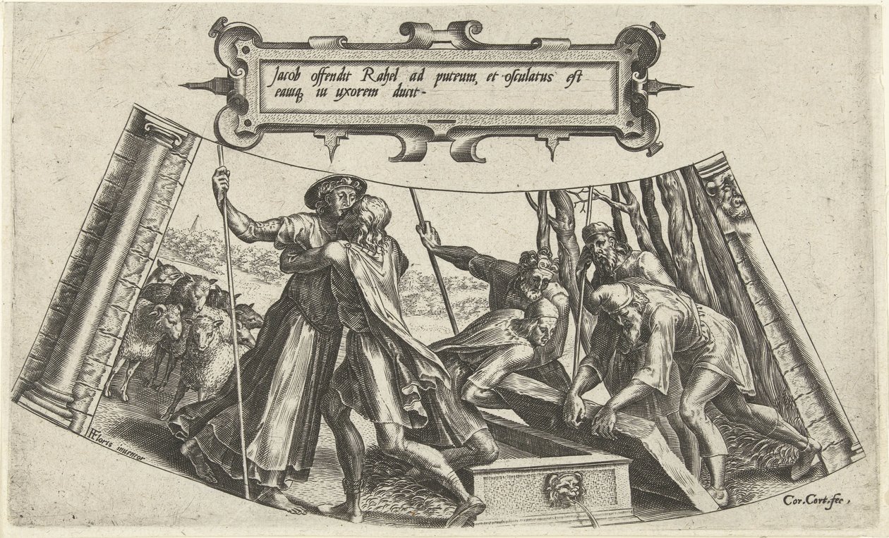De ontmoeting van Jakob en Rachel bij de bron (De geschiedenis van Jakob) door Cornelis Cort