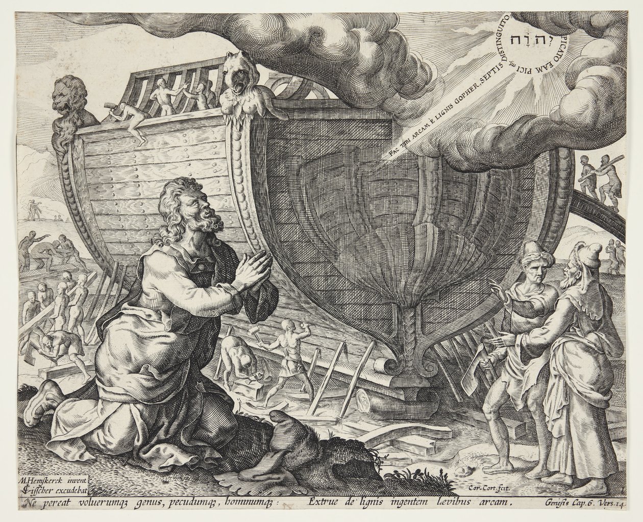 God instrueert Noach om de ark te bouwen door Cornelis Cort