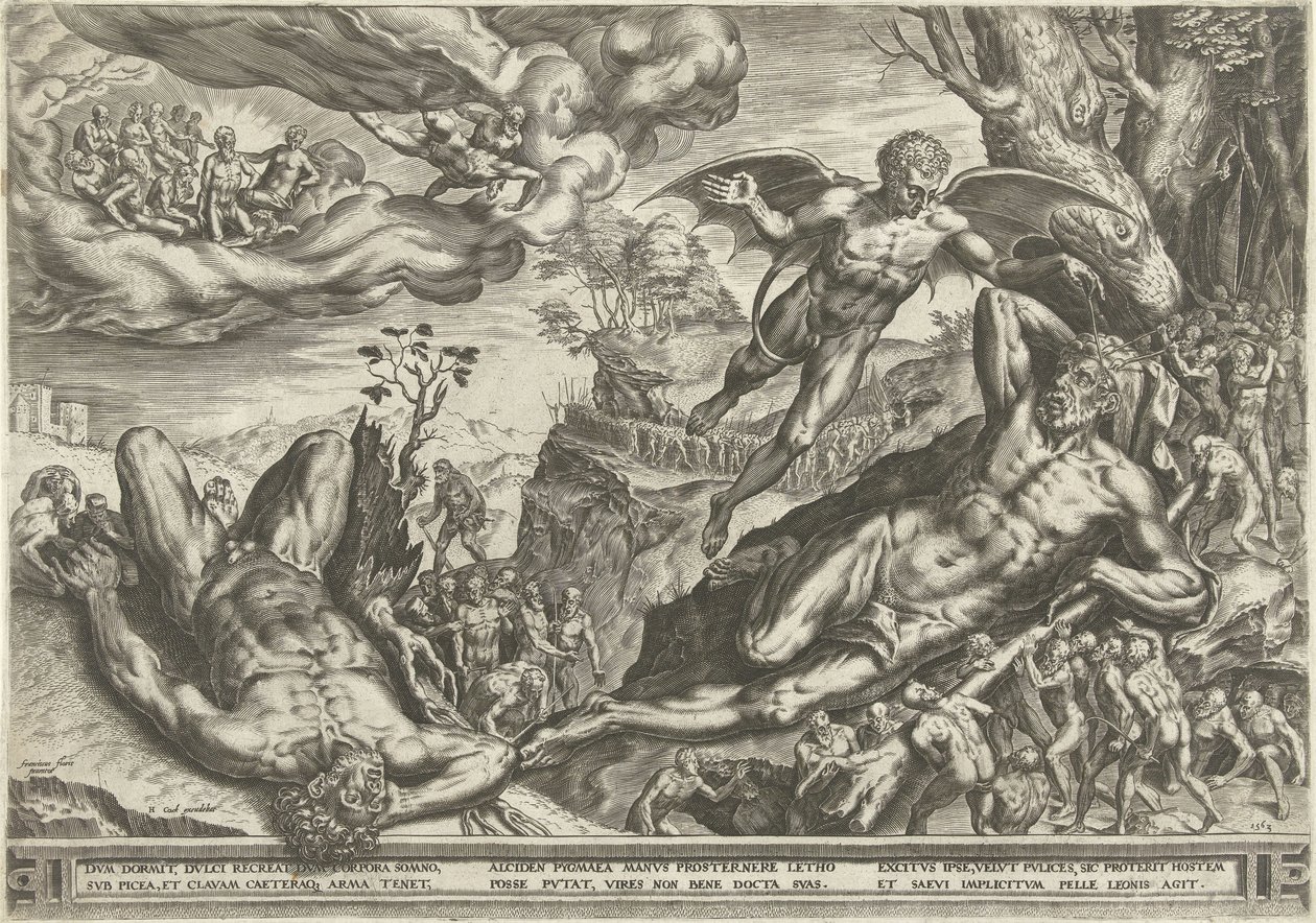 Hercules en de pygmeeën door Cornelis Cort