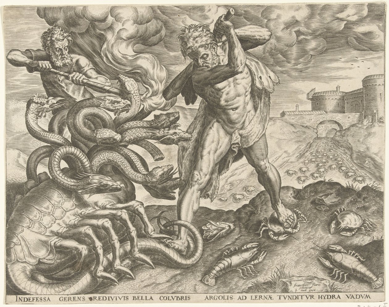 Hercules overwint de hydra van Lerna door Cornelis Cort