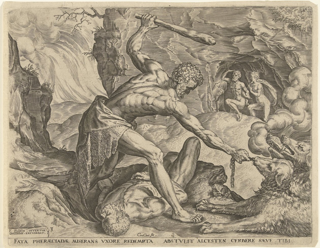 Hercules sleept Cerberus de hel uit Werken van Hercules (serie) door Cornelis Cort