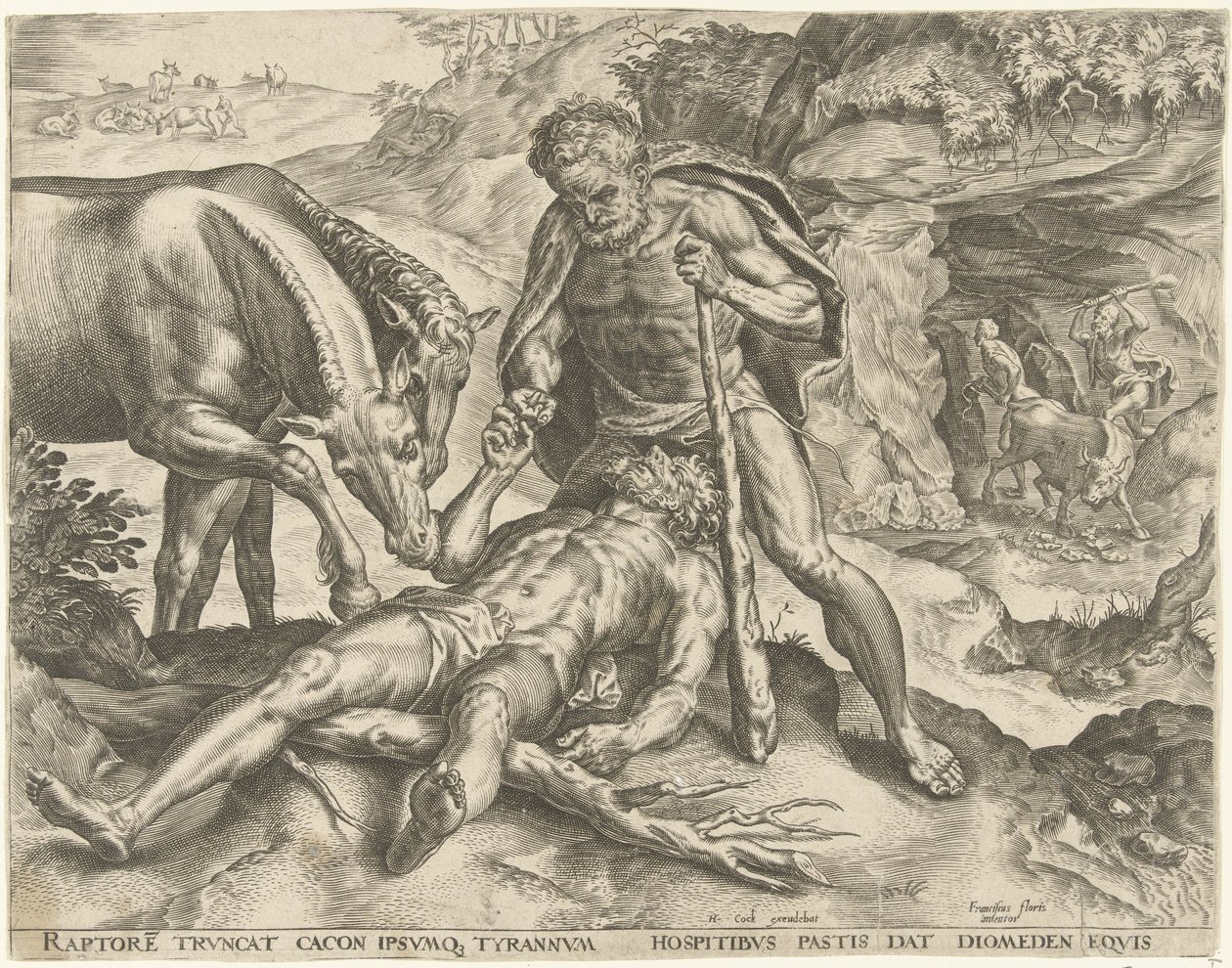 Hercules voert Diomedes aan zijn paarden Werken van Hercules (series title) door Cornelis Cort